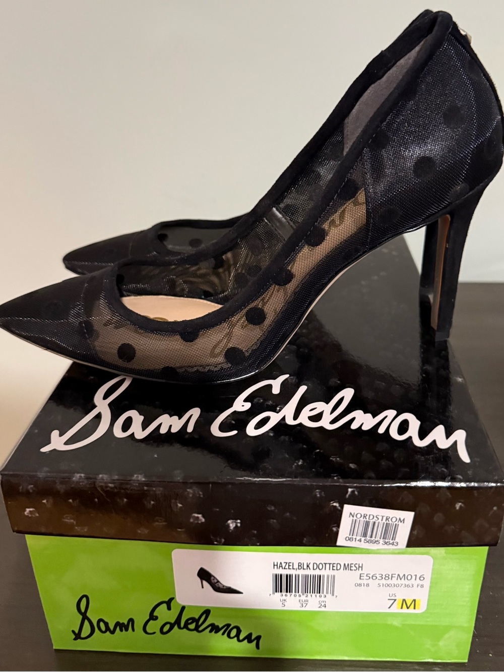 Sam Edelman Black Dotted Mesh Pointed-Toe Stilettos